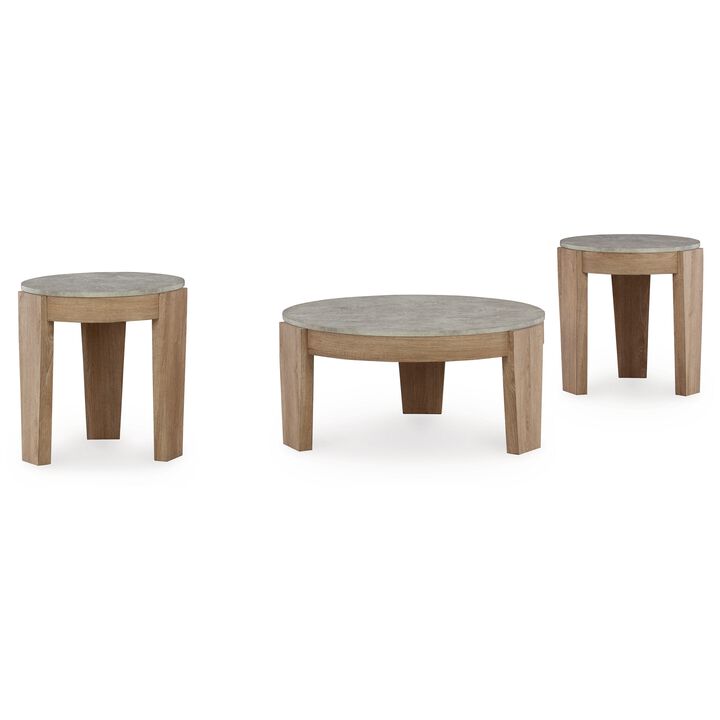 Hena 3pc Coffee and End Table Set, Round Gray Faux Cement, Brown Wood - Benzara