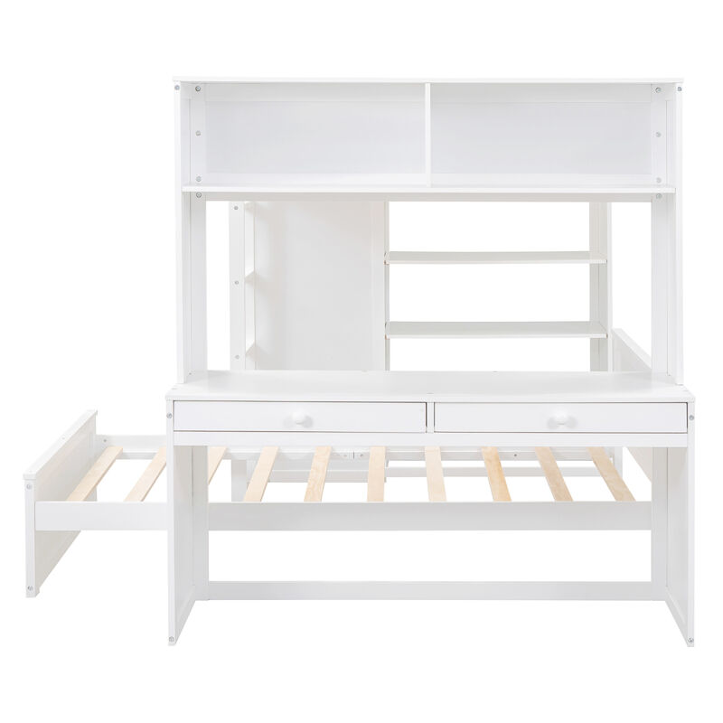 Full Size Loft Bed With A Twin Size Stand-Alone Bed, Shelves, Desk, And Wardrobe