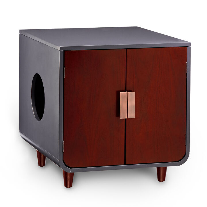 Teamson Pets Dyad Wooden Cat Litter Box Cabinet and Side Table, Mocha Walnut