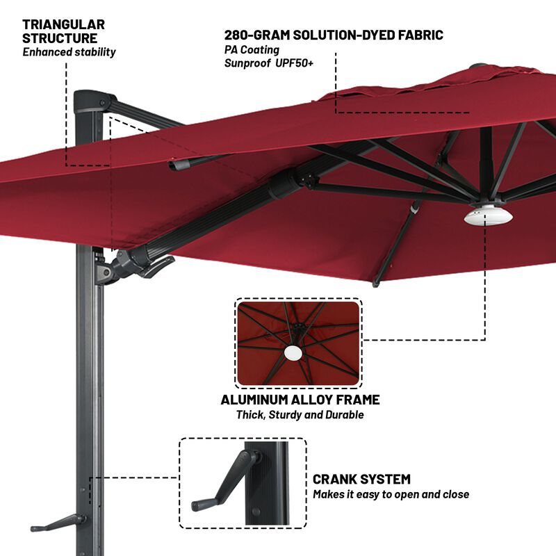 10 ft. 360° Rotation Square Cantilever Patio Umbrella with Base and BT in Red