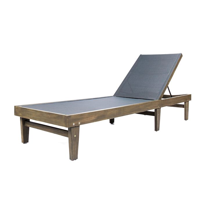 Liam Outdoor Chaise Lounger, 78 Inch Mesh Seat, Dark Gray Acacia Wood Frame