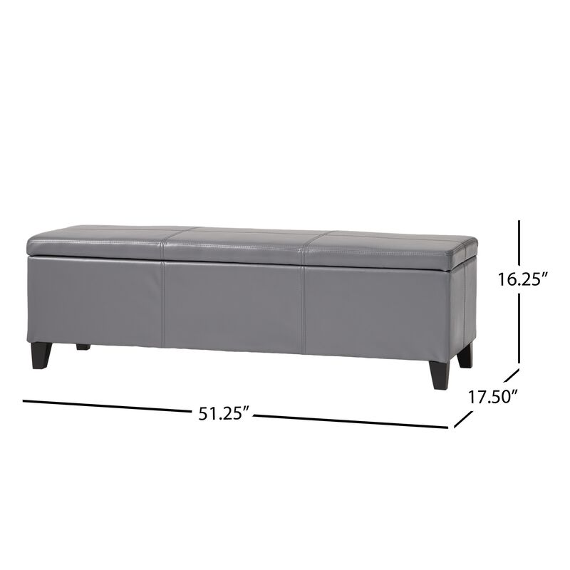 Elias Storage Ottoman Bench, Gray Faux Leather, Stitch Detail, 51 Inch -Benzara