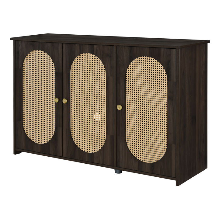 Clihome Retro 3-Door Sideboard with Large Storage Space Artificial Rattan Doors and Metal Handles, Accent Cabinet for Living Room and Hallway (Brown)