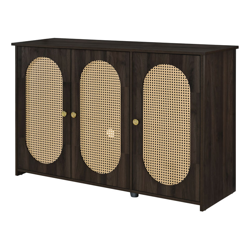 Clihome Retro 3-Door Sideboard with Large Storage Space Artificial Rattan Doors and Metal Handles, Accent Cabinet for Living Room and Hallway (Brown)