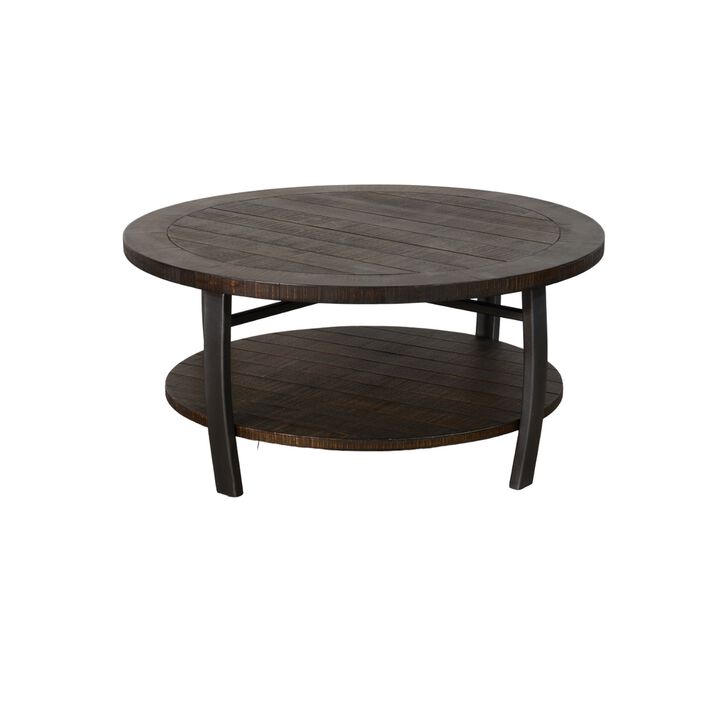 Flint Coffee Table w Shelf, Barrel Shape, 38 Inch Dark Brown Round Top - Benzara