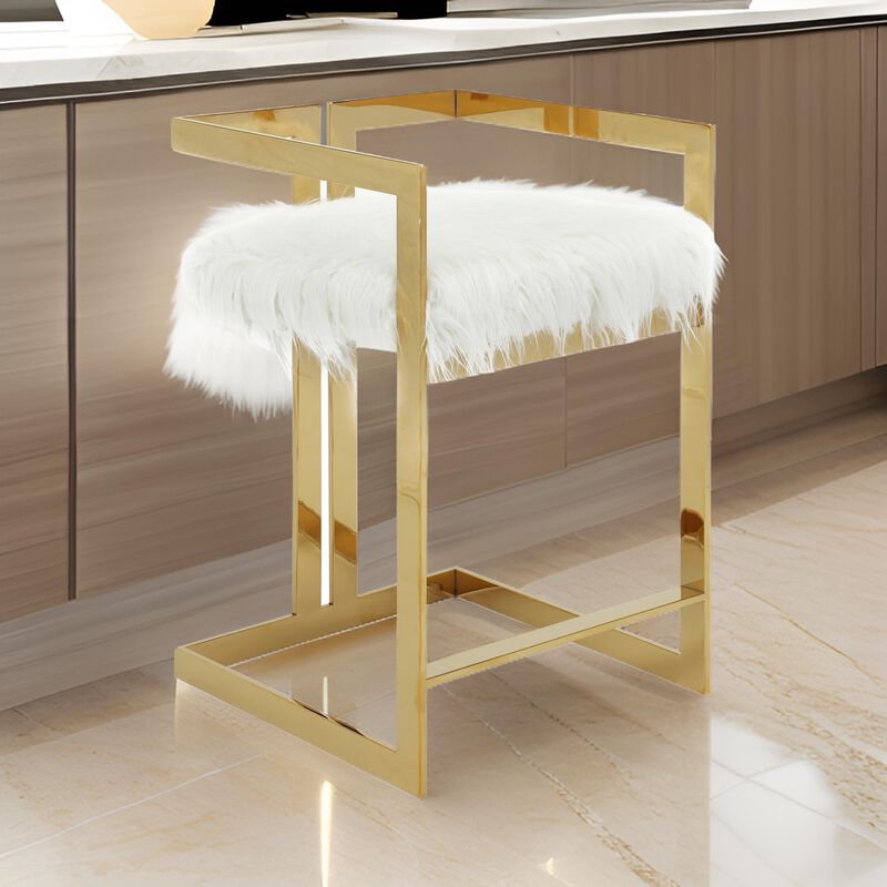 Suki 26 Inch Counter Height Chair, White Faux Fur, Gold Cantilever Base - Benzara
