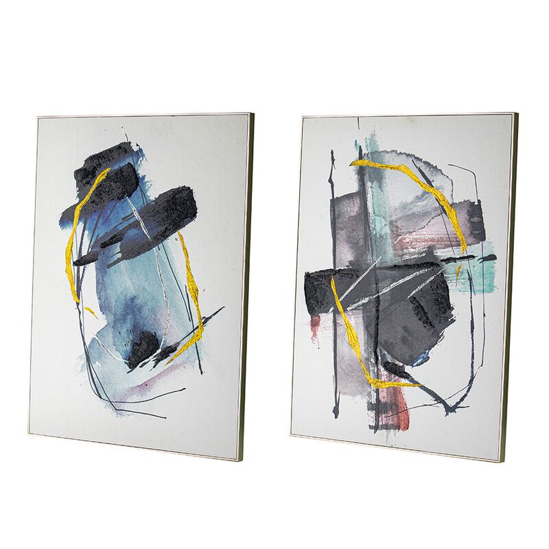 24 x 32 Abstract Wall Art Set of 2, Black and Blue Painting, Silver Wood - Benzara