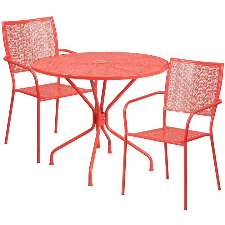Flash Furniture Commercial Grade 35.25" Round Coral Indoor-Outdoor Steel Patio Table Set with 2 Square Back Chairs