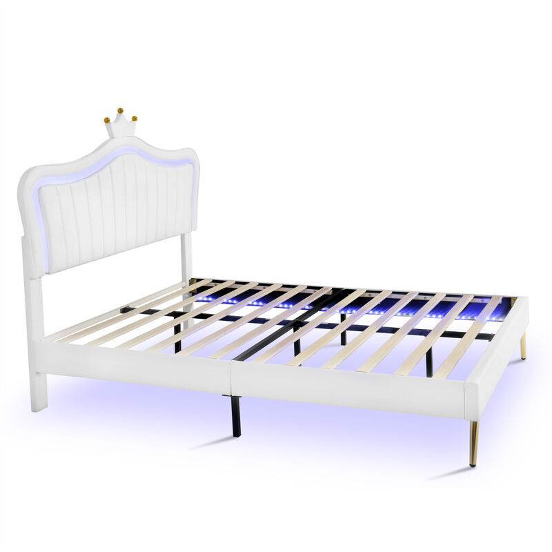 LED Upholstered Queen Bed with Crown Headboard