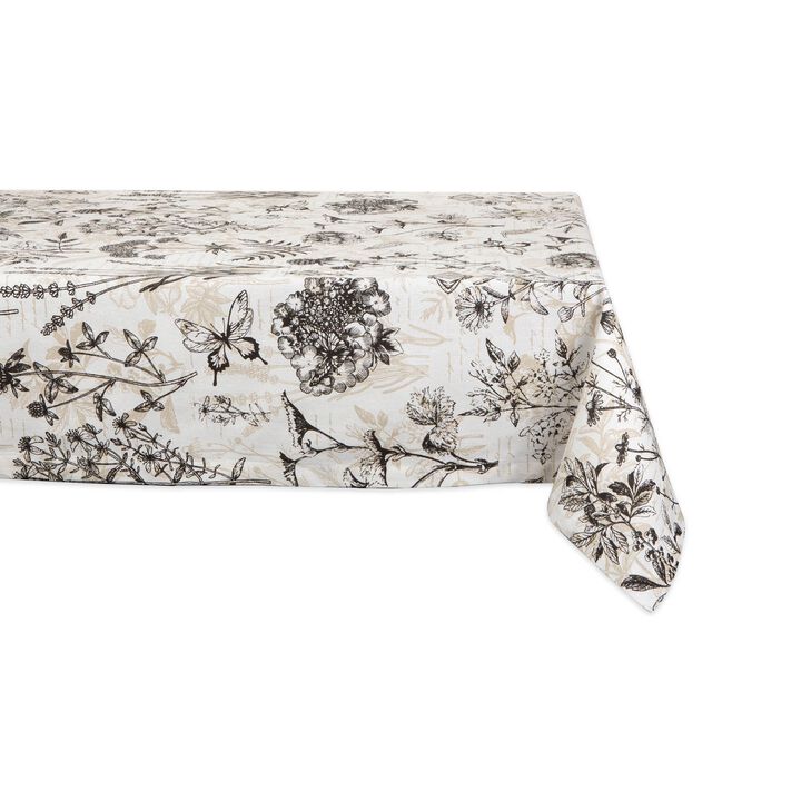 84" Ivory and Black Botanical Themed Rectangular Outdoor Tablecloth