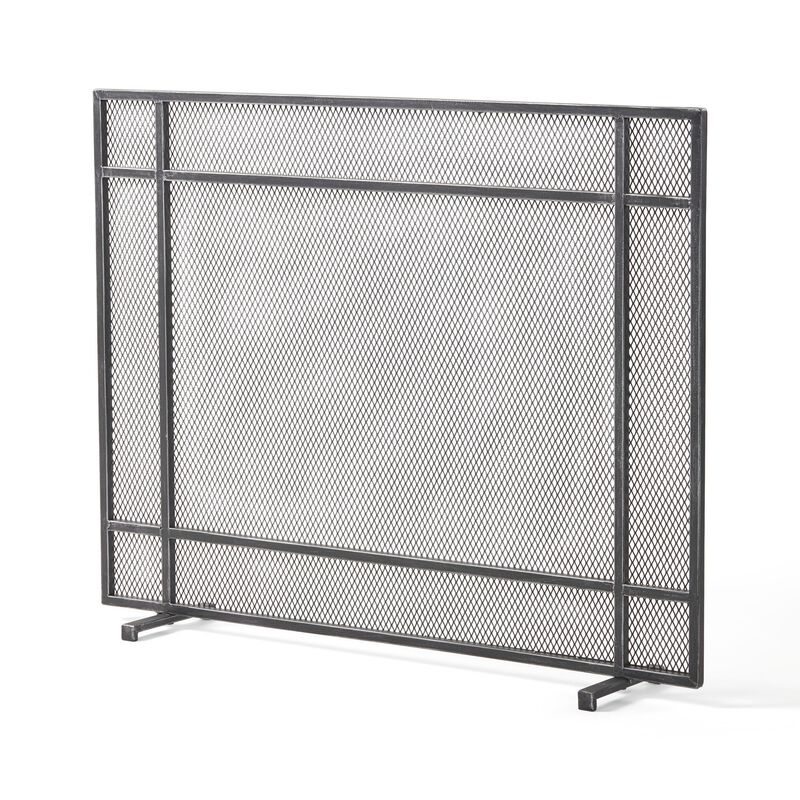 Hype Fireplace Screen with Mesh, Single Panel, Black and Silver - Benzara