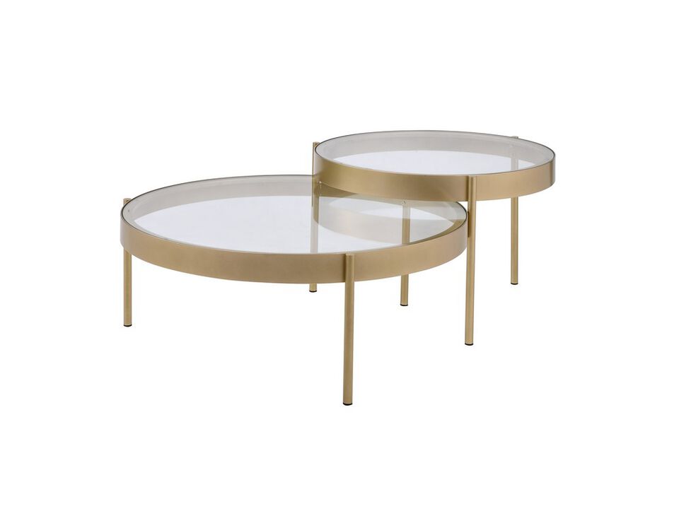 Contemporary Metal and Glass Round Nesting Table, Set of 2, Gold and Clear - Benzara