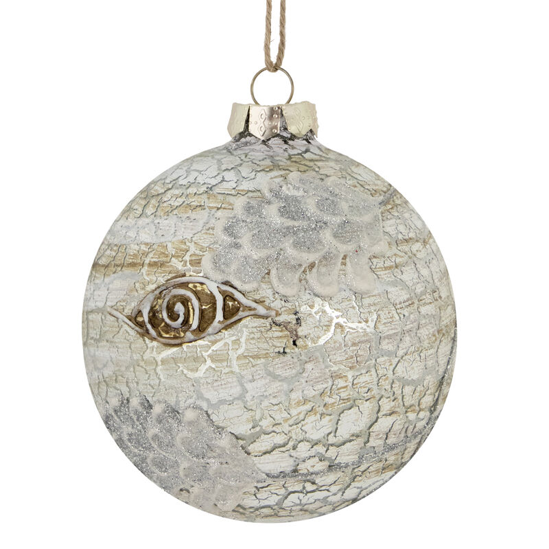 4" Birch Wood and Glitter Pine Cones Glass Ball Christmas Ornament