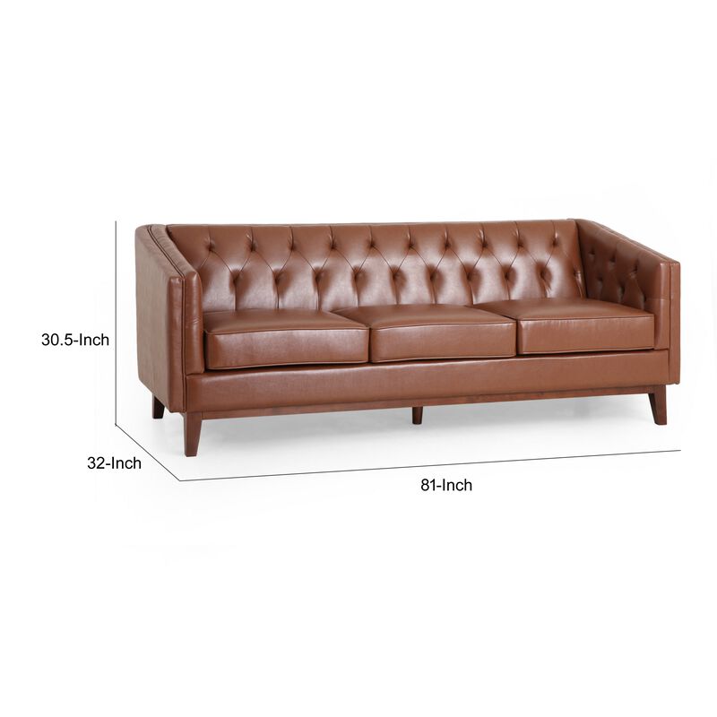 Vella Sofa, Pull Point Back Tufted Light Brown Faux Leather