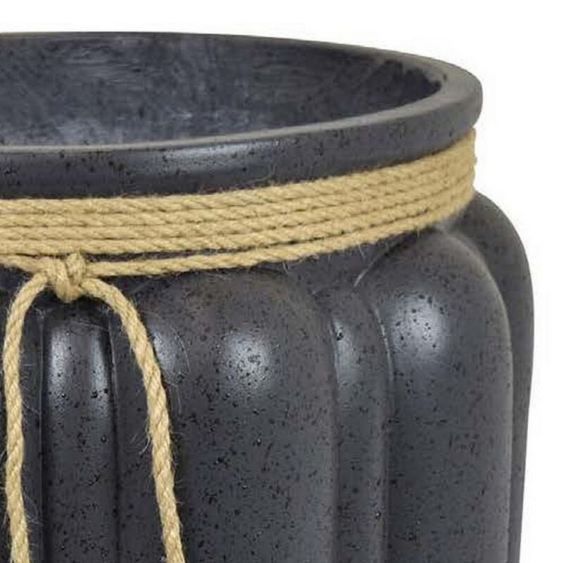 Rave 17 Inch Planter, Pumpkin Like Shape and Rope Details, Black Resin - Benzara