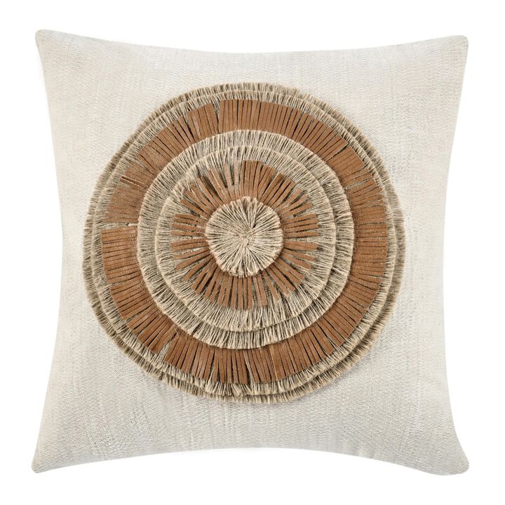 Square Accent Throw Pillow, 22 Inch Ivory Cotton, Brown Leather, Jute - Benzara