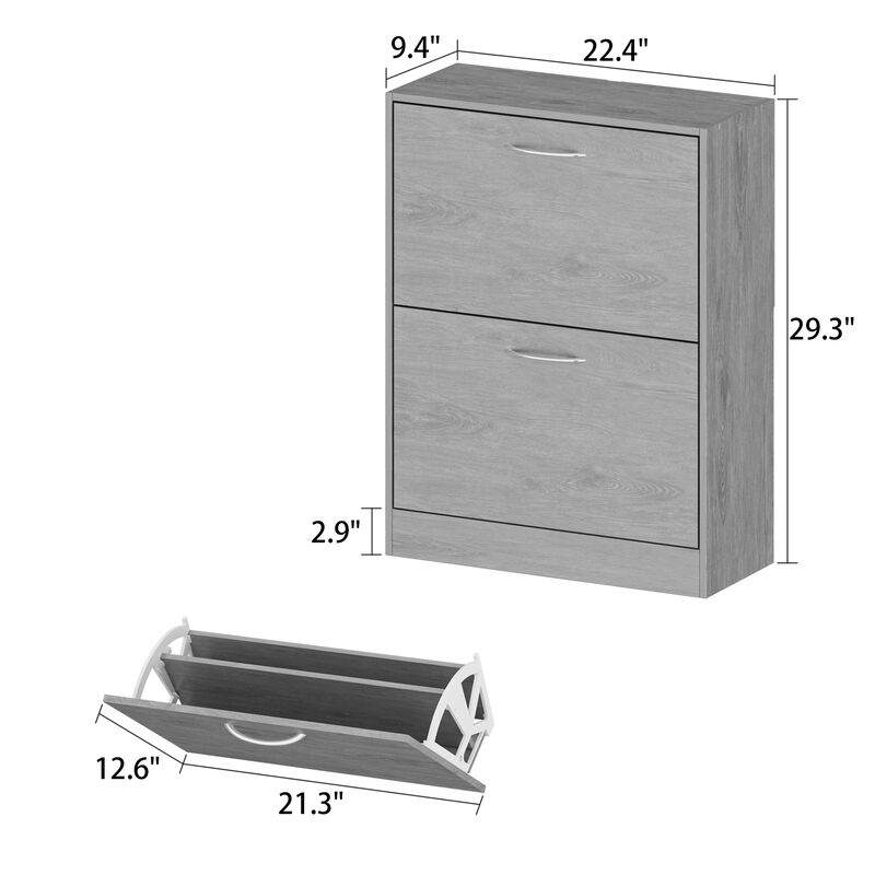 22.4 in. W x 29.3 in. H 16-Pair Gray Wood 2-Drawer Shoe Storage Cabinet with Foldable Compartments