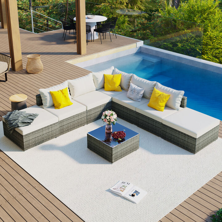 8-Pieces Outdoor Patio Furniture Sets, Garden Conversation Wicker Sofa Set, Single Sofa