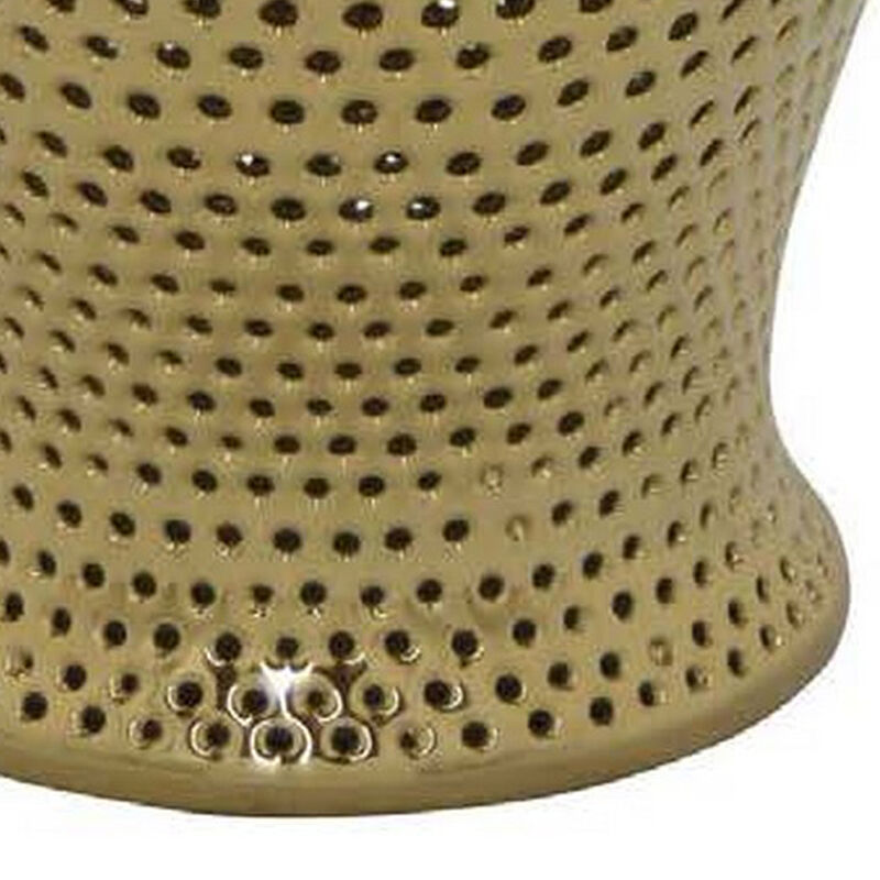 Deni 25 Inch Temple Jar, Large Carved Cut Out Lattice, Lid, Gold Porcelain - Benzara