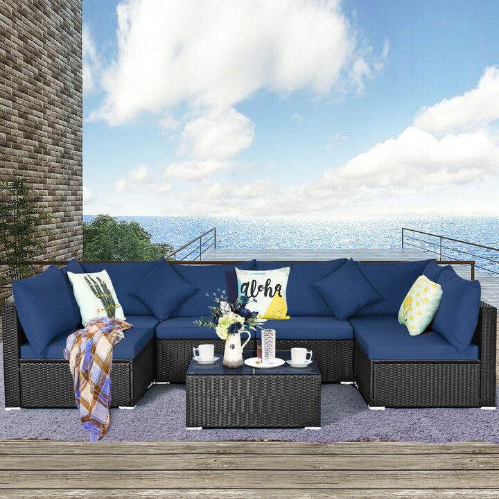 7 Pieces Sectional Wicker Furniture Sofa Set with Tempered Glass Top-Navy