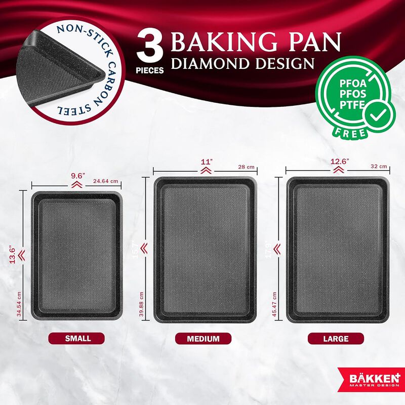 BAKKEN Kitchen Baking Pans - Small, Medium, and Large Cookie Pan (13.58×9.65, 15.75×11, 17.91×12.60), Nonstick, Diamond Texture Bottom,