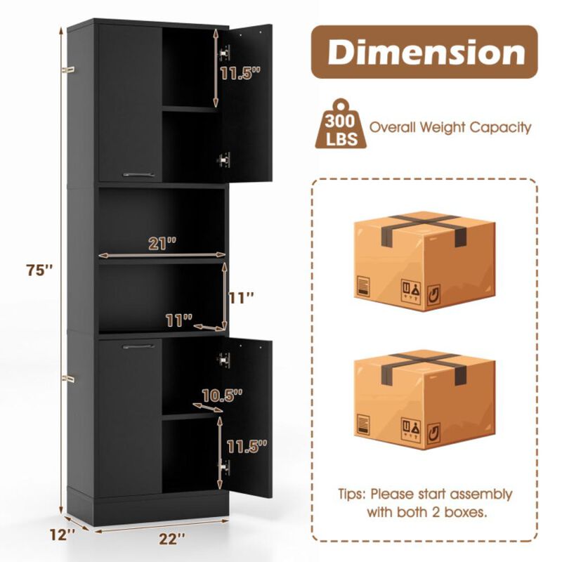 Hivvago 75 Inch Kitchen Pantry Cabinet Tall Cupboard with Doors and Shelves