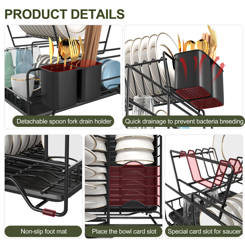 Dish Drying Rack, Metel 2-Tier Dish Rack Utensil Holder Kitchen Black
