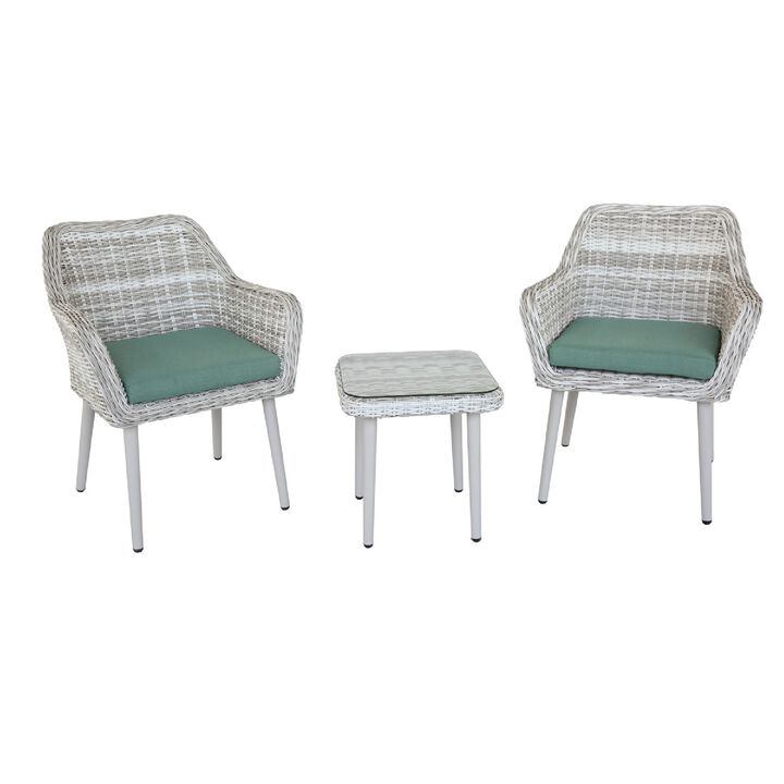 Resin Wicker and Metal Patio Bistro Set with Two Chairs and Table, Beige and Green, Set of Three - Benzara