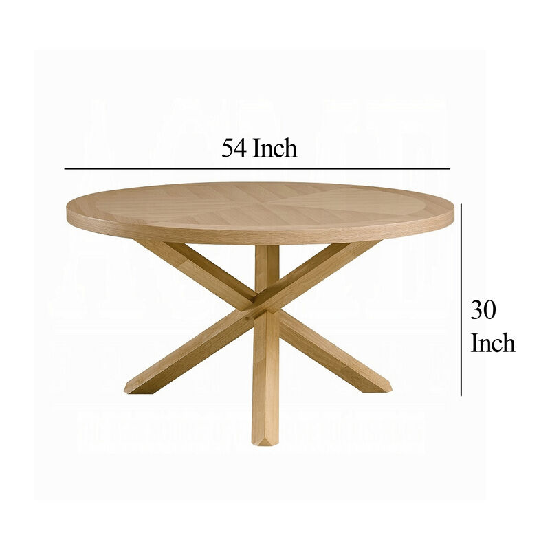 Semi Dining Table, 54 Inch Round Top, Cross Base, Oak Brown Finish - Benzara