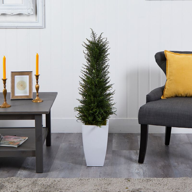 Hivvago 3.5" Cypress Artificial Tree in White Metal Planter UV Resistant (Indoor/Outdoor)