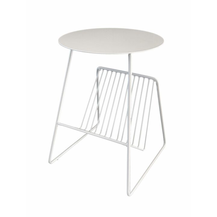Zeo Side End Table w Magazine Rack, 14 Inch Round Top, White Metal - Benzara