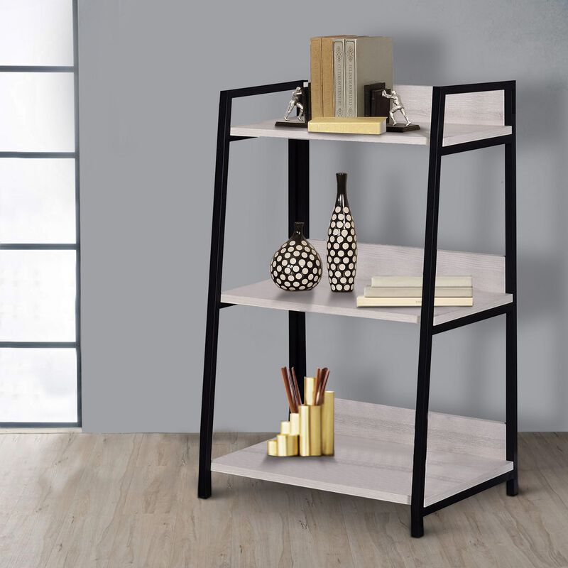 Wooden Bookshelf with 3 Open Compartments, Washed White and Black-Benzara