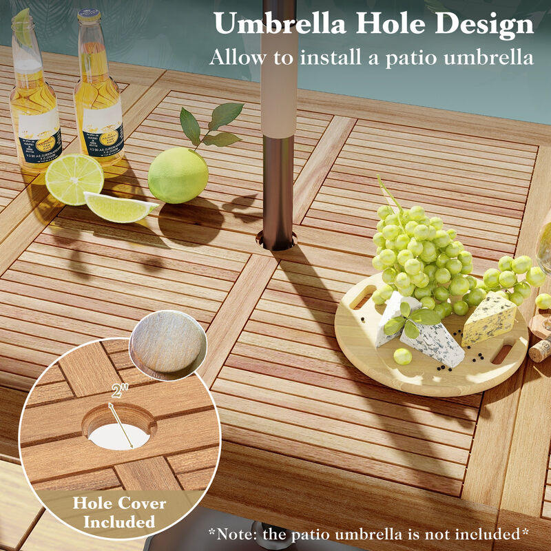 Rectangular Outdoor Dining Table for 6 People with Acacia Wood Tabletop and Umbrella Hole