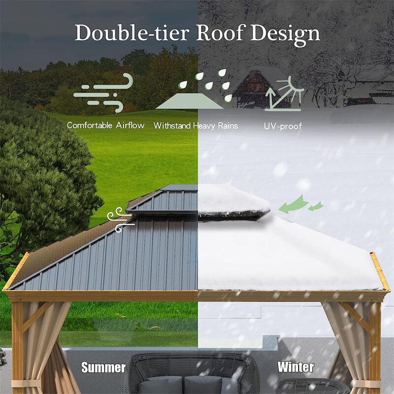 10'X12' Wood-Look Gazebo with Steel Roof & Curtains