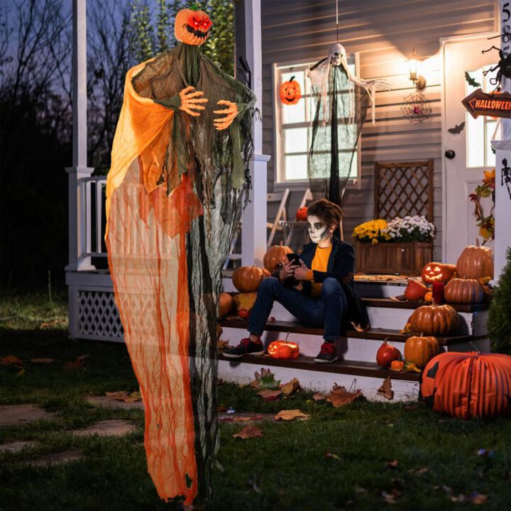 Hivvago 6 Feet Hanging Pumpkin Ghost with Red Glowing Eyes and Bendable Arms