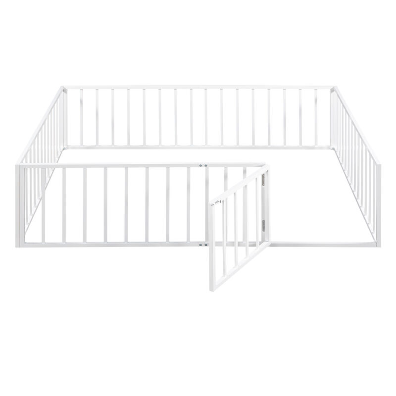 Streamdale Queen Size Metal Floor Bed Frame With Fence And Door, White
