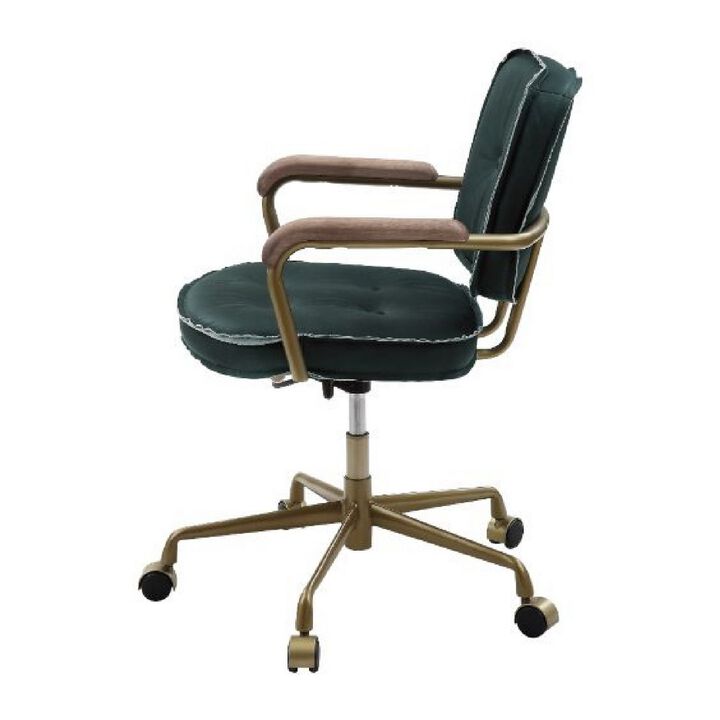 Office Chair with Leather Seat and Button Tufted Back, Green-Benzara