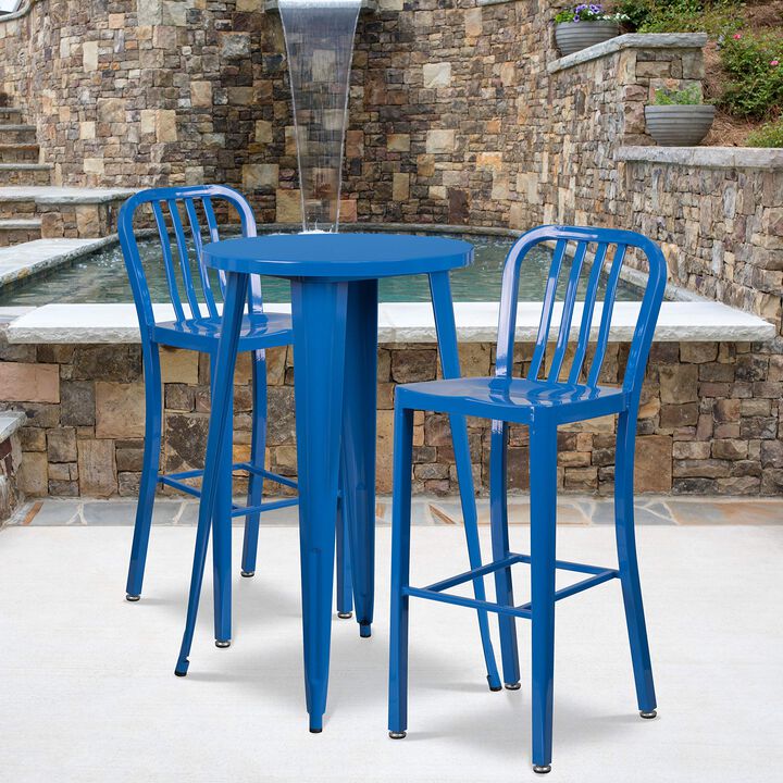 Flash Furniture Earl Commercial Grade 24" Round Blue Metal Indoor-Outdoor Bar Table Set with 2 Vertical Slat Back Stools