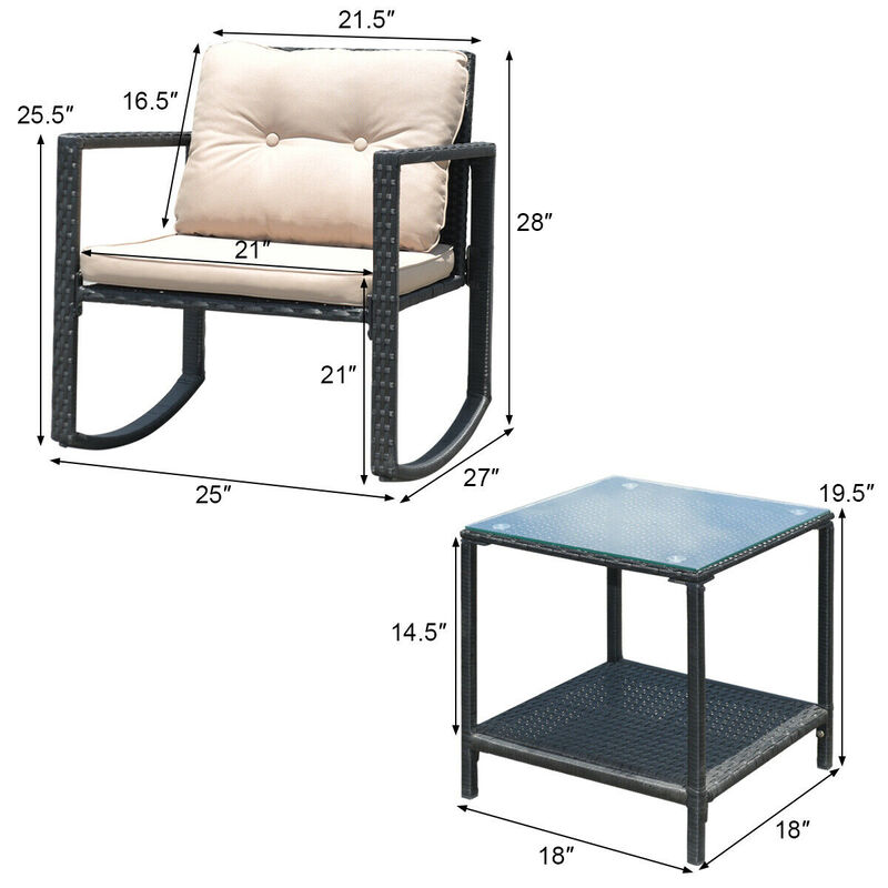 3 Pcs Wicker Rocking Bistro Set with Glass Coffee Table and Storage Shelf