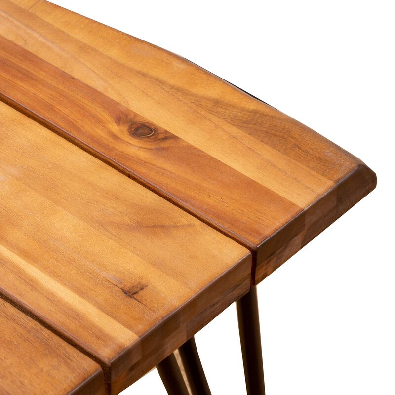 Zion Outdoor Accent Table, 18 Inch Square, Hairpin Legs, Brown Wood - Benzara