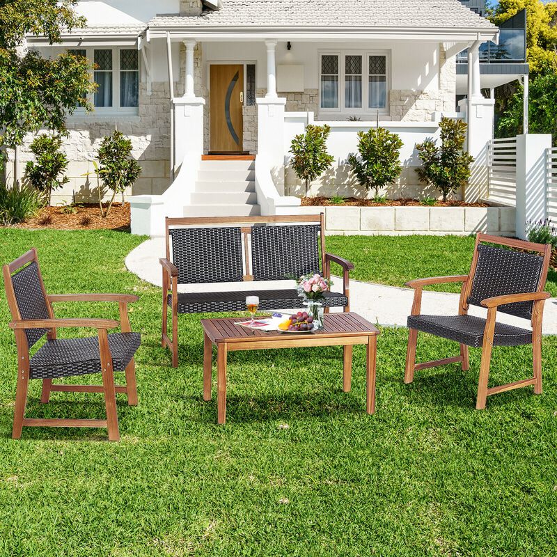 4 Pieces Outdoor Patio Rattan Furniture Conversation Sets  with Acacia Wood Frame