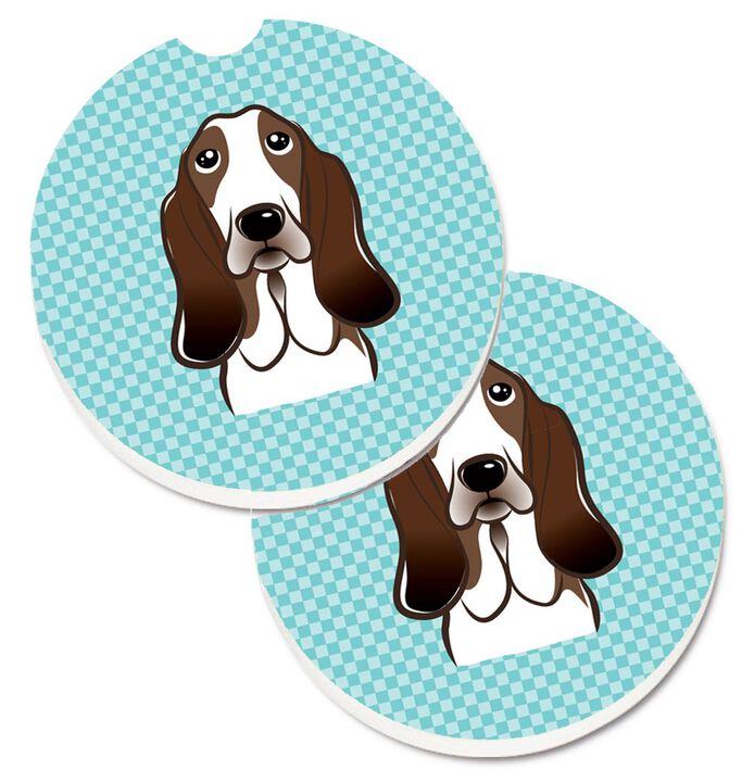 Caroline's Treasures Checkerboard Blue Basset Hound Set of 2 Cup Holder Car Coasters BB1181CARC, 2.56, Multicolor