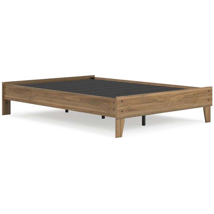 Deana Full Platform Bed, Honey Brown Wood, Low Profile Tapered Legs - Benzara