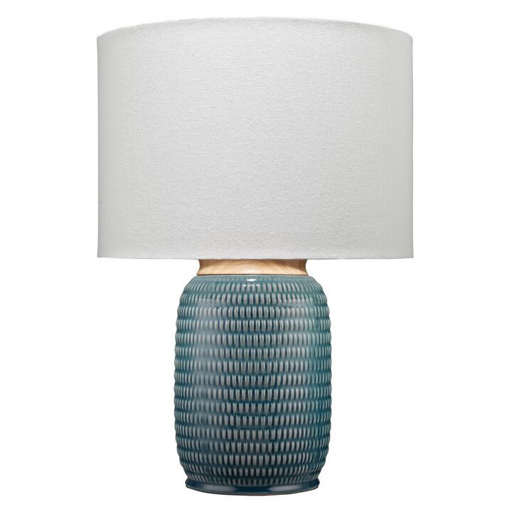 Table Lamp with Ribbed Ceramic Body and Fabric Shade, Blue-Benzara