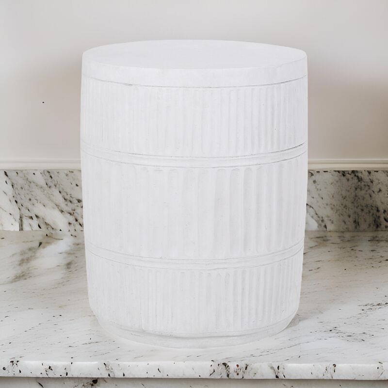 End Table, White Faux Concrete, Round 15 Inch Top, Natural White - Benzara