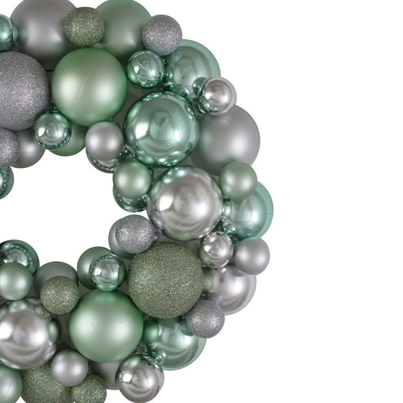 Silver and Seafoam Green 3-Finish Shatterproof Ball Christmas Wreath  13-Inch
