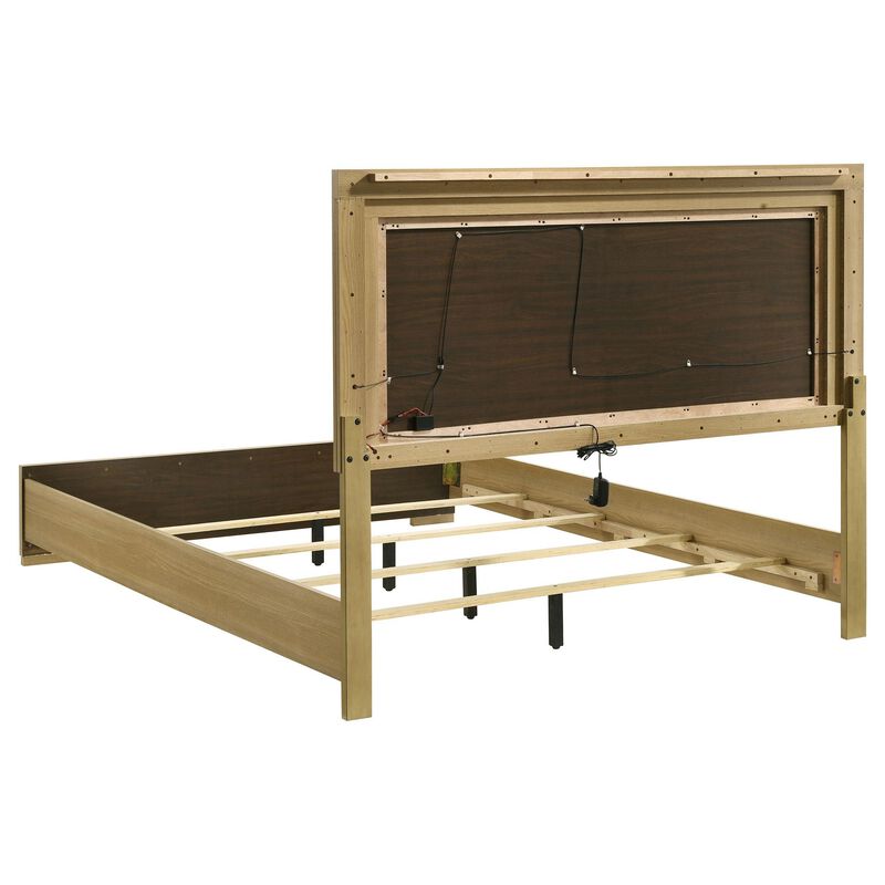 Hyle Queen Size Bed, Natural Brown Hardwood, LED Backlit Headboard - Benzara