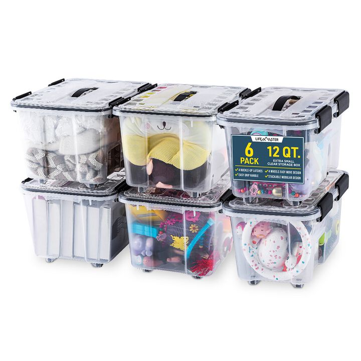 Stackable Storage Box Set - 6 Pieces 12 Quarts Multi-purpose, Space-Efficient Stackable Storage Boxes with Nestable Design, Secure Latches, Easy-Move Wheels & Pull-Out Base - Clear