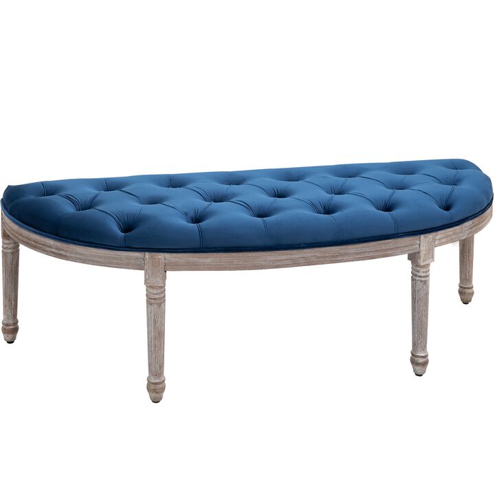 Blue Vintage Seating: Tufted Half Circle Bench with Velvet-Touch Fabric