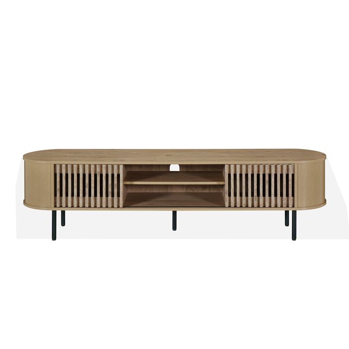 Brandon TV Stand Media Console, Shelf 2 Cabinets, Beige Wood, 71 Inch - Benzara